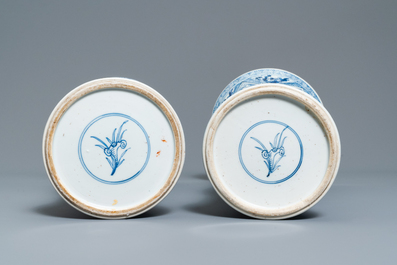 A large Chinese blue and white five-piece garniture with floral and landscape panels, Kangxi