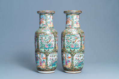 A pair of Chinese Canton famille rose rouleau vases, 19th C.