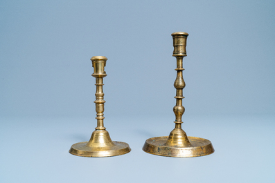 Two Flemish or Dutch knotted bronze candlesticks, 16th C.