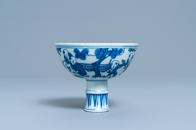 A Chinese blue and white 'playing boys' stem cup, Wanli
