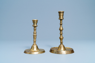 Two Flemish or Dutch knotted bronze candlesticks, 16th C.