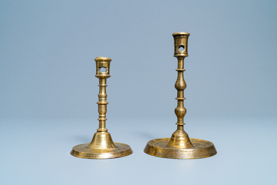 Two Flemish or Dutch knotted bronze candlesticks, 16th C.