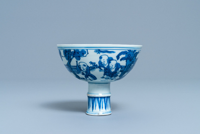 A Chinese blue and white 'playing boys' stem cup, Wanli