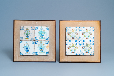 Zestien polychrome Delftse tegels met bloemen en ornamenten, 17e eeuw