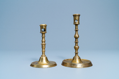 Two Flemish or Dutch knotted bronze candlesticks, 16th C.