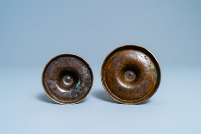 Two Flemish or Dutch knotted bronze candlesticks, 16th C.