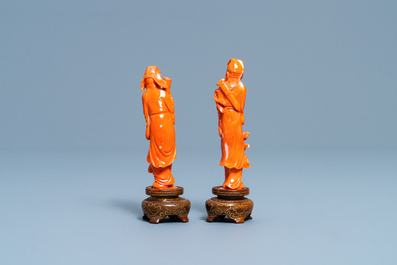Deux figures d'immortels en corail rouge, Chine, 19/20&egrave;me