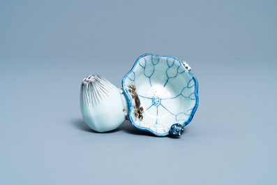 A Chinese blue, white and copper red 'crab in lotus' water dropper, Kangxi