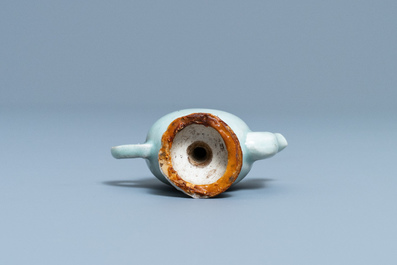 A Chinese miniature peach-shaped cadogan teapot with junyao glaze, Kangxi/Qianlong