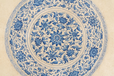 Chinese school, colour on paper, 19th C.: 'A blue and white porcelain Yuan period dish'