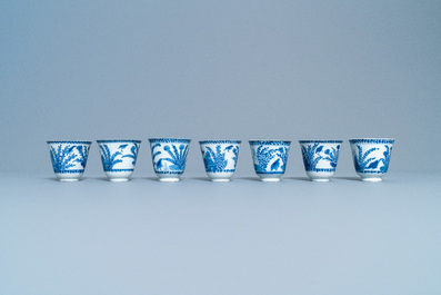 Seven Chinese blue and white cups and saucers, Kangxi