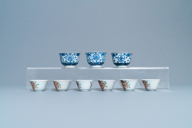 Une collection vari&eacute;e de tasses et soucoupes en porcelaine de Chine famille rose et en bleu et blanc, Qianlong et 19&egrave;me