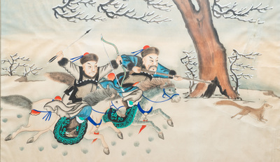 Chinese school, ink and colour on paper, 19/20th C.: 'Two equestrian hunting scenes'