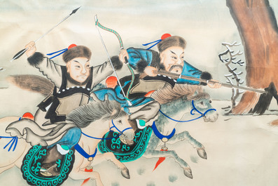 Chinese school, ink and colour on paper, 19/20th C.: 'Two equestrian hunting scenes'