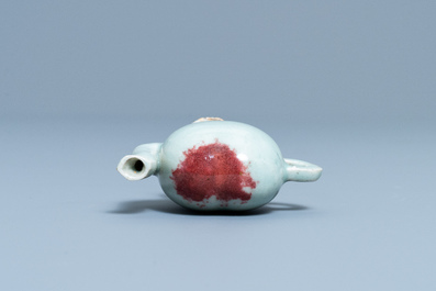 A Chinese miniature peach-shaped cadogan teapot with junyao glaze, Kangxi/Qianlong