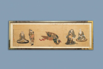 Chinese school, ink and colour on silk, 19/20th C.: 'Immortals and their servants'