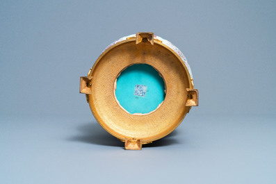 A Chinese gilt bronze lamp-mounted famille rose 'trigrams' vase, Yongzheng mark, Republic