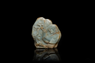 A Chinese celadon and russet jade mountain landscape with deer and cranes, Qing