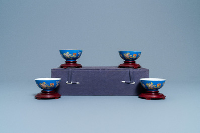 Four Chinese blue-ground bowls with floral designs, Yongzheng mark, Republic