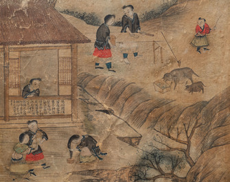 Ecole chinoise, encre et couleurs sur papier, 19&egrave;me: 'La fabrication du papier'