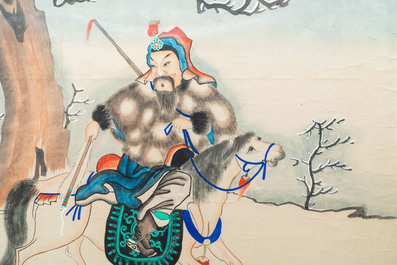 Chinese school, ink and colour on paper, 19/20th C.: 'Two equestrian hunting scenes'