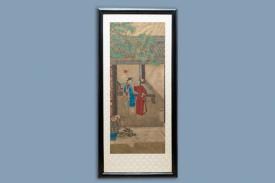 Chinese school, ink and colour on silk, 18th C.: 'The making up of lady'