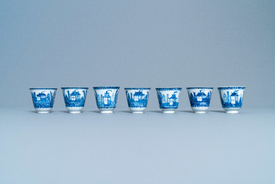 Seven Chinese blue and white cups and saucers, Kangxi