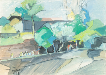 Doan Hong (Vietnam, 1960), huile et gouache sur papier, dat&eacute;s 1978: 'Quatre vues'