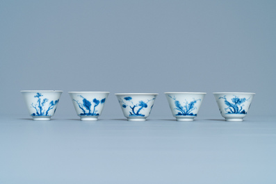 Five Chinese blue and white cups and saucers, Chenghua mark, Kangxi