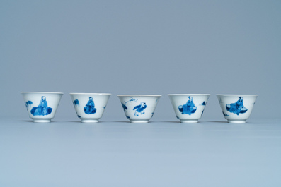 Five Chinese blue and white cups and saucers, Chenghua mark, Kangxi
