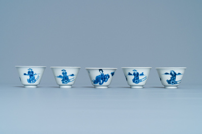 Five Chinese blue and white cups and saucers, Chenghua mark, Kangxi