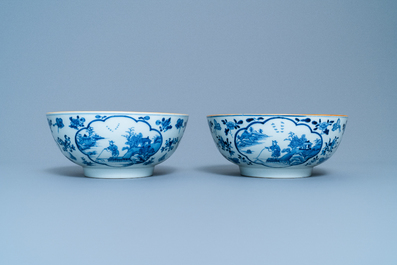 A pair of Chinese blue and white 'fishermen' bowls, Qianlong