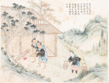 Ecole chinoise, encre et couleurs sur papier, 19&egrave;me: 'Deux sc&egrave;nes aux figures dans un paysage'