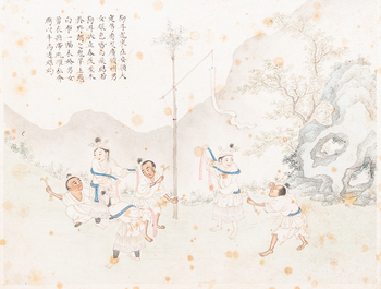 Ecole chinoise, encre et couleurs sur papier, 19&egrave;me: 'Deux sc&egrave;nes aux figures dans un paysage'