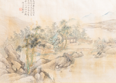 Chinese school, ink and colour on silk, 20th C.: 'Three landscape views'