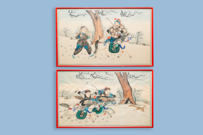 Chinese school, ink and colour on paper, 19/20th C.: 'Two equestrian hunting scenes'