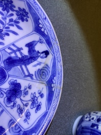Eight Chinese blue and white cups and saucers, Kangxi