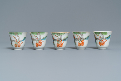 Vijf Chinese famille rose koppen en schotels, Tongzhi merk en periode