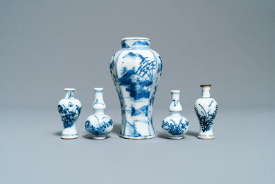 Fifteen Chinese mostly blue and white miniature vases, Kangxi