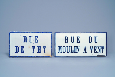 Six blue and white street name signs, Brussels porcelain, 19th C.