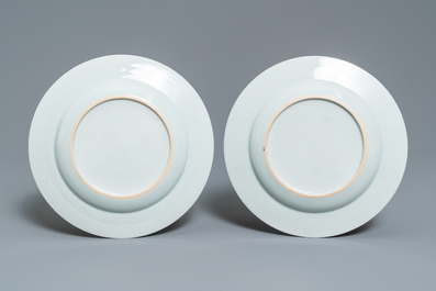 A pair of Chinese famille rose plates after Cornelis Pronk: 'Dames au parasol', Qianlong