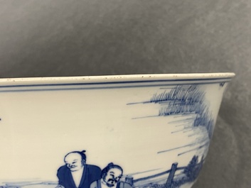 Un bol imp&eacute;rial en porcelaine de Chine en bleu et blanc &agrave; d&eacute;cor de la riziculture, marque et &eacute;poque de Kangxi