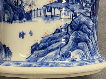 A fine Chinese blue, white and copper red 'Master of the Rocks' brush pot, Kangxi