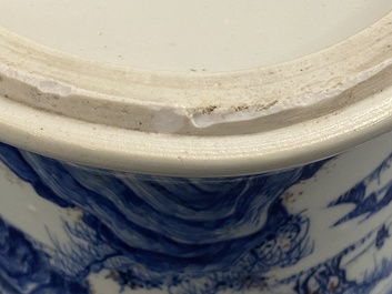 A fine Chinese blue, white and copper red 'Master of the Rocks' brush pot, Kangxi