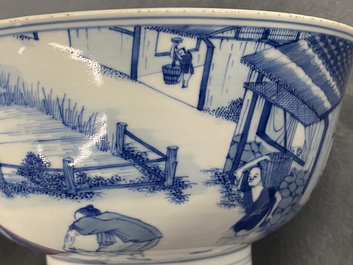 Un bol imp&eacute;rial en porcelaine de Chine en bleu et blanc &agrave; d&eacute;cor de la riziculture, marque et &eacute;poque de Kangxi