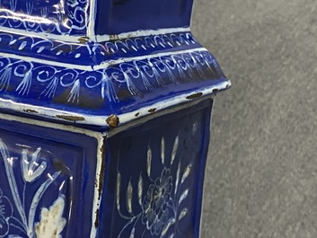 A tall pocket watch holder in blue-ground Saint-Omer faience, France, 18th C.
