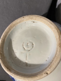 A rare Chinese blue and white bottle vase with a cat and a butterfly, Transitional period