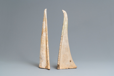 Two large triangular Thai Sawankhalok roof tile finials, 14/16th C.