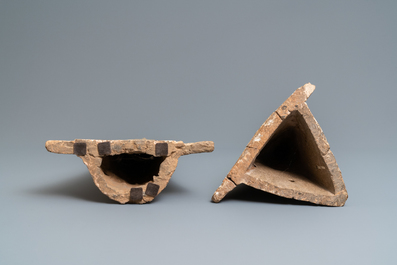 Two large triangular Thai Sawankhalok roof tile finials, 14/16th C.