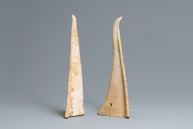 Two large triangular Thai Sawankhalok roof tile finials, 14/16th C.